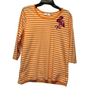 Quacker Factory Tee Sequin FLAMINGO Orange White Stripe 3/4 Length Sleeve Shirt